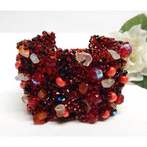 HANDCRAFTED SEMI PRECIOUS STONE & GLASS SEED BEAD BRACELET 7.5" x 2" wide